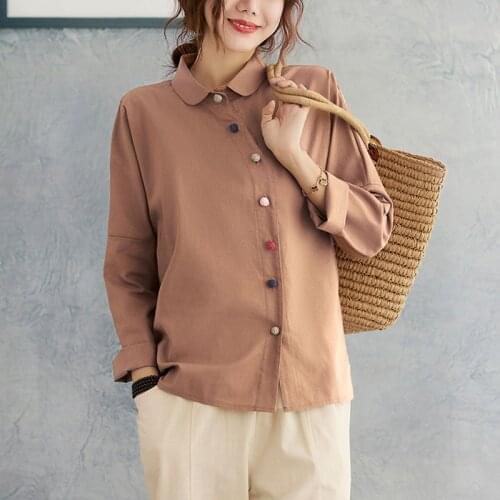 Plus Size 3XL Womens Cotton Linen Vintage Shirts New Arrival 2021 Spring Turn-down Collar Oblique Button Long Sleeve Tops Blouse
