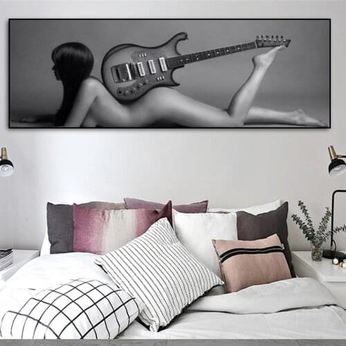 Gray Sexy Nude Woman With Guitar Posters And Prints Wall Art Canvas Painting Modern Naked Girl Picture For Living Room Decor