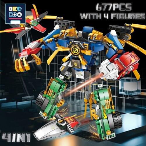 UKBOO 677PCS 4IN1 Ninja Mecha Model Building Blocks City Flame Gold Robot Warrior 4 Figures Constructor Bricks Toys for Children