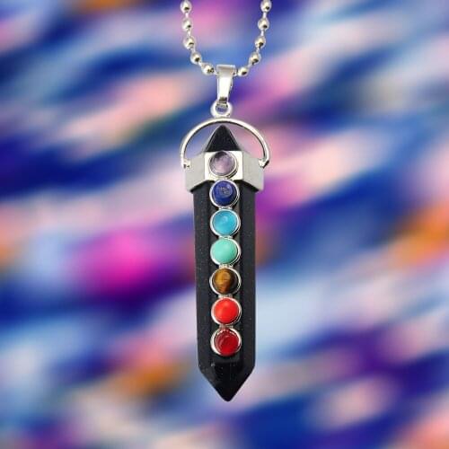 Unique Jewelry Crystal Reiki Hexagonal Pendant Necklace Healing Stone Beaded Chakra (Black Agate Pendant and White K Cross Chain