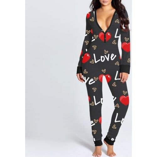 Womens one-piece pajamas Valentines Day printed long-sleeved pajamas jumpsuit Valentines Day sexy printed pajamas кигуруми 6