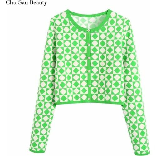 Chu Sau Beauty 2021 Womens Diamond Pattern Knitted Jacket Fashion Round Neck Single-Breasted Long-Sleeved Top