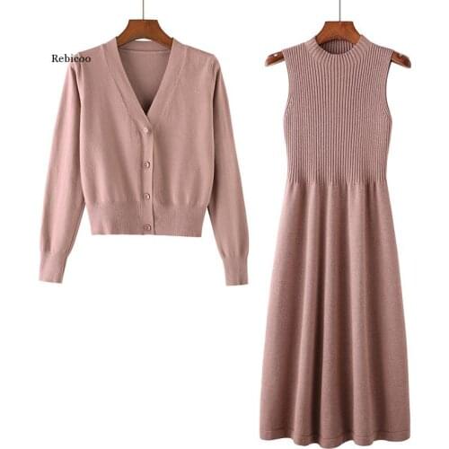 Spring new women 2 pieces dress sets solid knitted button sweater cardigans and long slim dresses lady clothing sets