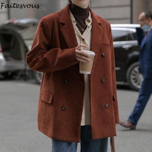 2021 Autumn Corduroy Blazers Women Winter New Korean Casual Thick Blazers Female Vintage Loose Double Breasted Jackets