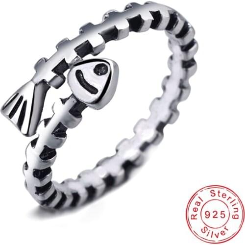 Hot Sale Fashion Fishbone Rings Antique 925 Sterling Silver Punk Ring Maxi Open Wide Adjustable Finger Ring Women&Girl Jewelry