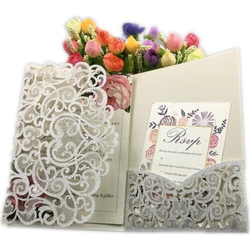 Free shipping golden laser cut glitter wedding invitation set with RSVP envelope belly band tri-fold pocket invites Pocketfold