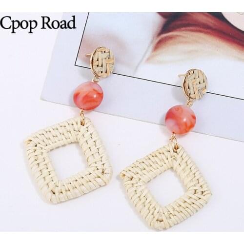 Cpop Square Handmade Rattan Wood Earrings for Women Long Pendant Ethnic Dangle Earrings Jewelry New Bohemian Fashion Accessories