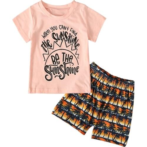 2 Pieces Kids Suit Set, Letter Print O-Neck Short Sleeve T-Shirt+ Coco Print Shorts for Summer, Pink, 1-5 Years