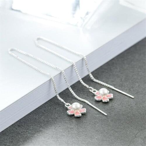 National Style Long Tassel Ear Line Pearl 925 Sterling Silver Jewelry Fashion Pink Flower Temperament Dangle Earrings SE788