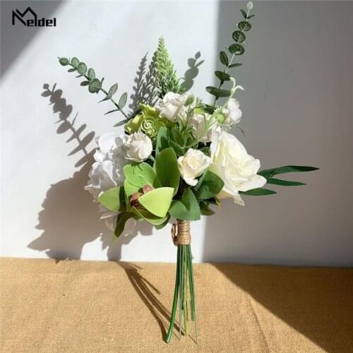 Meldel Artificial Flower Bouquet Silk Rose Peony Orchid Lavender Hydrangea Flower Fake Eucalyptus Forest Style Wedding Bouquets