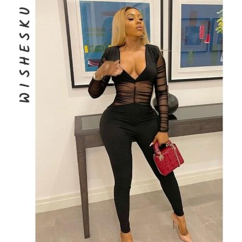 Sexy Deep V Neck Mesh Patchwork Bodycon Jumpsuits See Through Ruched Long Sleeve Pencil Pants Rompers 2021 Fall Party Outfits
