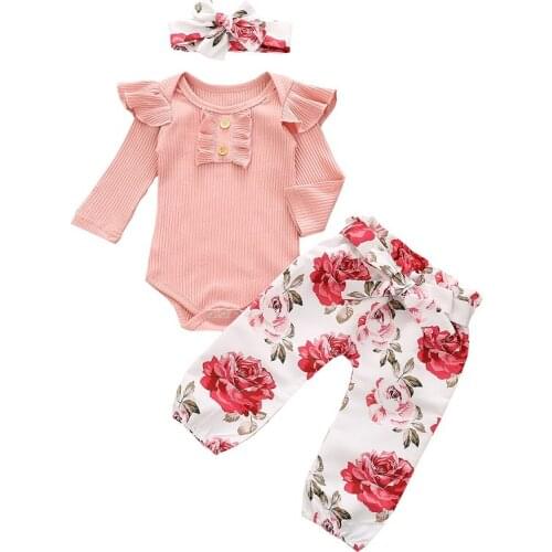2020 Newborn Baby Girls 3-piece Outfit Set Long Sleeve Ribbed Romper+Floral Print Pants+Headband Set