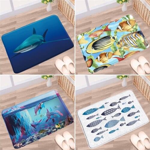 Undersea Animal Fish Bath Mats Dolphin Whale Cartoon Pattern Non-slip Rugs Flannel Home Bathroom Kitchen Bedroom Entrance Carpet