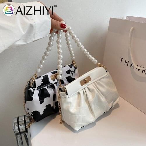 Pleated Crossbody Shoulder Messenger Bag for Women Alligator Cow Pattern Casual Ladies Pearl Chain Mini Handbags
