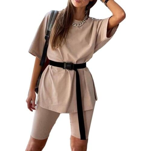 Casual Solid Outfits Womens Two Piece Suit with Belt Half Sleeve T-shirt Top Shorts Belt Home Wear Two Pieces Suit Leisure Sets
