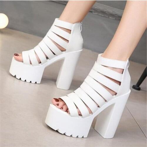Women Platform Sandals Mid Heel Summer Slip-on Buckle Ladies Shoes Waterproof PU 14CM Thick High Heels Open Toed shoes woman