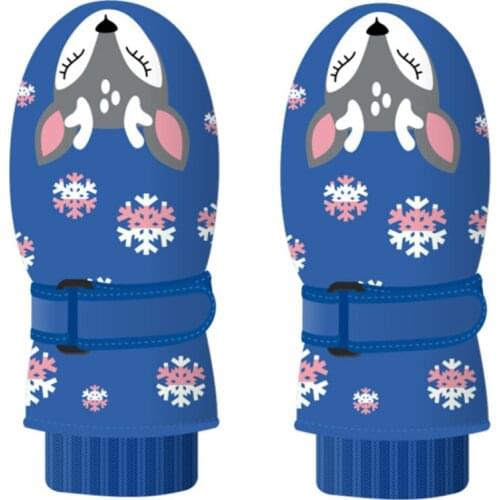 Blue Childrens Ski Gloves, Winter Outdoor Waterproof Drawstring Double Layer Plus Velvet Gloves