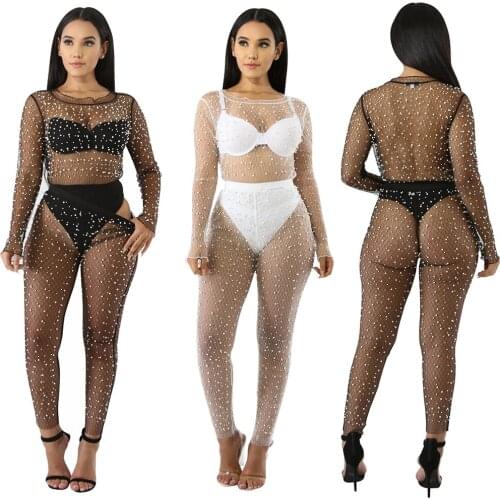 Sexy Perspective Mesh Beach Sets With Bubble Beads Night Club Birthday Outfits For Women Long Sleeve See-through Two Piece Sets