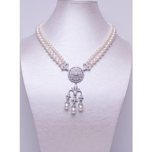 Supler Elegant&Beautiful Flower Pendant With Double Strand Necklace 8-9mm Nearround Pearl Strong Luster Necklace Jewelry Gifts