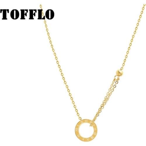 TOFFLO Stainless Steel Jewelry Roman Numeral Circle Pendant Double Chain Necklace Female Simple Clavicle Chain BSP616