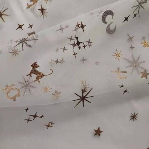 Printed Gold Stars Cat Moons Tulle Mesh Lace Fabric Black White Tulle lace Fabric For Cosplay, Bow tie, Girl Dress, by 1 yard