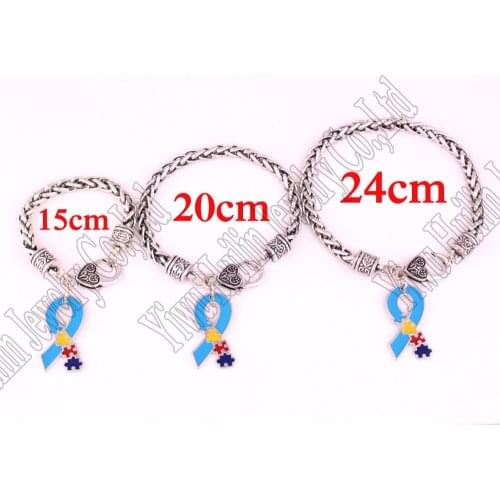 Autism Awareness Jewelry 15cm20cm24cm(pick your size) Wheat link chain Hope puzzle Piece Ribbon Charm Lobster Claw Bracelet