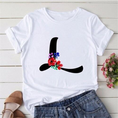 Fashion 26 Alphabet Letter Women T-shirt Girl A To Z Alphabet Combination Flowers Short Sleeve Casual Korean Style Tops