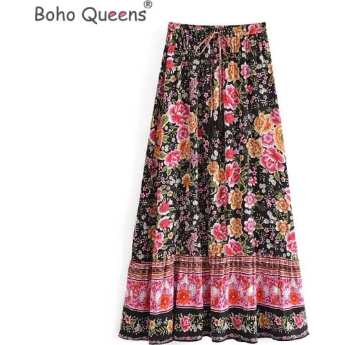 Boho Queens Hippie women black floral print beach Bohemian pleated skirt ladies High Elastic Waist A-Line rayon Boho Maxi Skirt