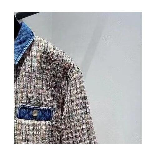 2021 Spring and Summer New Tweed Denim Stitching Single-breasted Long Coat Women Jacket