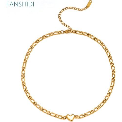 FANSHIDI Stainless Steel Figaro Love Heart Metal Necklace Choker For Women Clavicle Chain 18K Gold Plated Jewelry