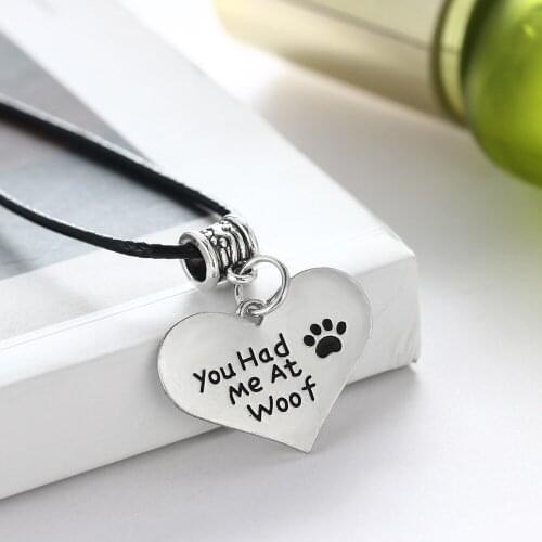 24PC Wholesale You Had Me At Woof Trendy Love Heart Paws Pendant & Necklace Leather Chain Jewelry For Dog Lover Family Fashion