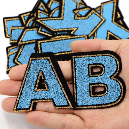 26 A-Z Blue Beaded English Alphabet Letter Mixed Embroidered Iron On Patch For Clothing Badge Paste For Clothes Bag Pant Sewing