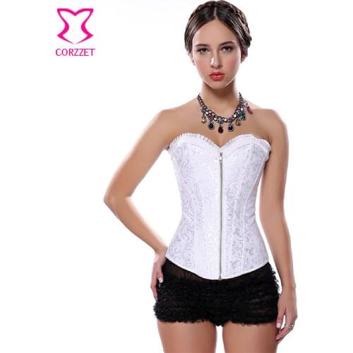 White Corset Zipper Bustier Top Steel Boned Waist Trainer Corsets and Bustiers Corpetes E Espartilhos Sexy Bridal Lingerie