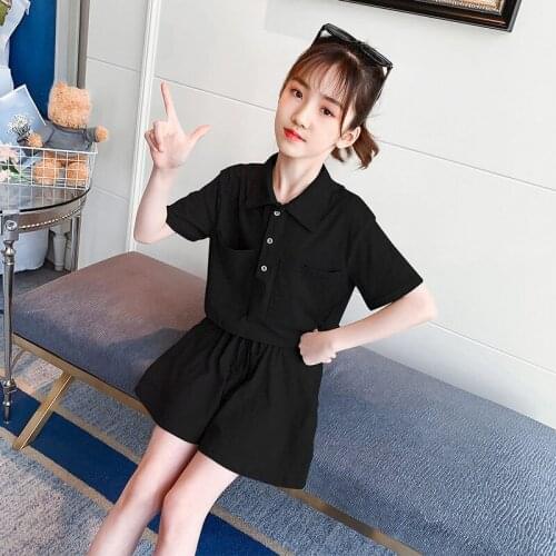 Big ChildrenS Clothing 2021 Summer New GirlS Sets Korean Version Solid Casual Pocket Lapel Short Sleeve + Shorts Sports Suit