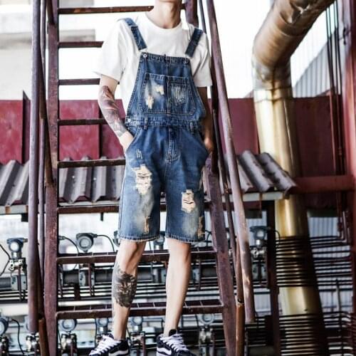 Mens Pants Mens 2020 New Denim One-piece Shorts Mens Summer Japanese Holes Overalls Jumpsuits Size S-4XL 5XL
