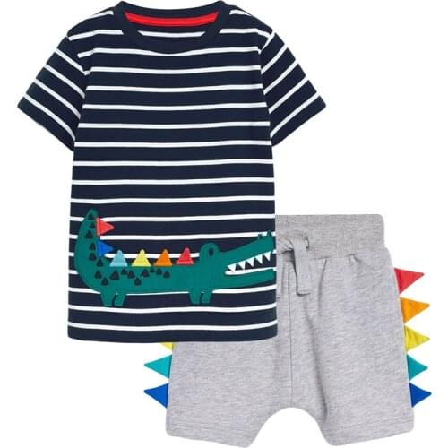 2pcs/set 2021 Summer Baby Boy T-shirt Shorts Set Childrens Wear Football Tees Embroidery Dinsaur T Shirts Pants Funny Clothes