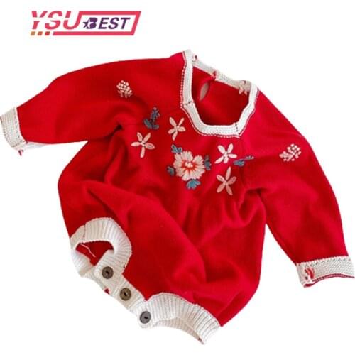 New Baby Jumpsuit Baby Girl Clothes Long Sleeve Newborn Embroidery Autumn Knitted Romper Red Baby Girl Clothing Infant Clothing