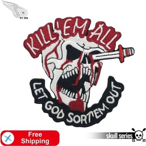 Blood Skull Let God Sortem Out Embroidery Patch Motorcycle Jacket Badges for Clothes Iron on Sewing Cool Fashion DIY Design