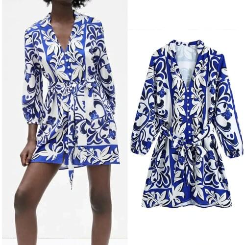 WESAY JESI Dress Za Summer Floral Print Blue Shirt Dress 2021 Women Vintage Long Sleeve Belted Office Lady Buttoned Pleat Dress