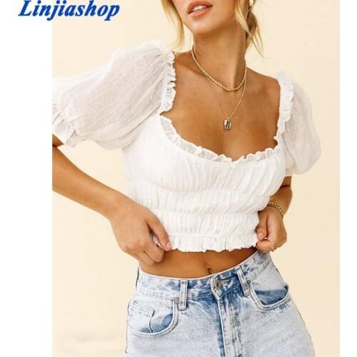 Summer women tops and blouses blue white cotton elastic short sleeves elegant beach backless holiday female shirt ladies