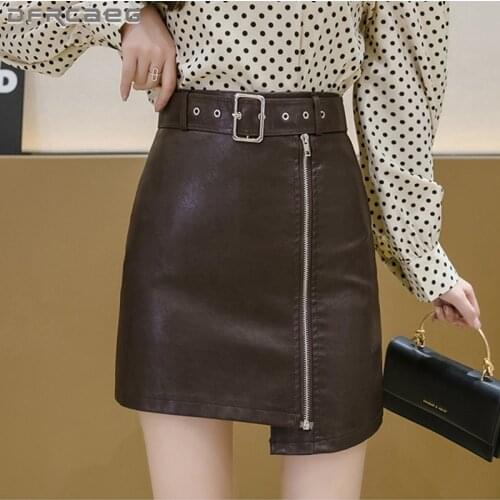 Coffe Irregular PU Leather Mini Skirts For Women 2021 High Waist Autumn Winter Slim Zipper Skirt Female