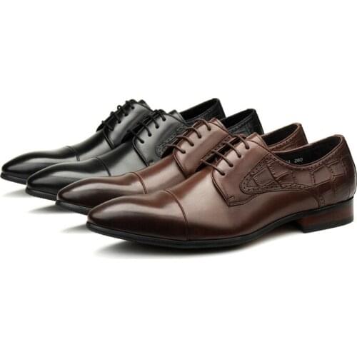 Large Size EUR45 Black / Deep Brown Mens Business Dress Shoes Genuine Leather Derby Social Shoes