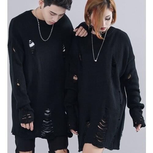 Men ripped destroyed hole knitted sweater hip hop punk pullover men couple striped vintage oversize knitwear loose jersey hombre