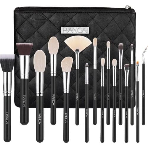 RANCAI 16pcs Professional Black Makeup Brushes Set Wood Handle Powder Blush Foundation Eyeshadow Make Up Brush Beauty Tools Bag