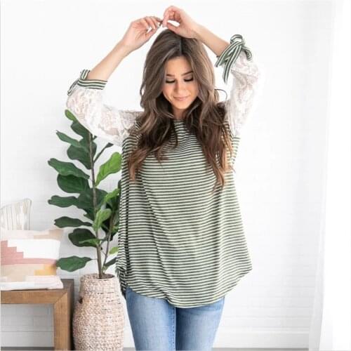 Autumn new womens shirt lace three-point sleeve striped T-shirt