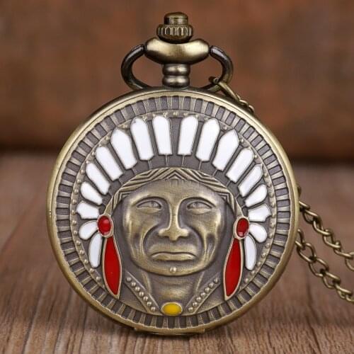 Retro Ancient Indian Old Man Portrait Design Quartz Pocket Watches Bronze Pendant Necklace Chain Pocket Watches Souvenir Gifts