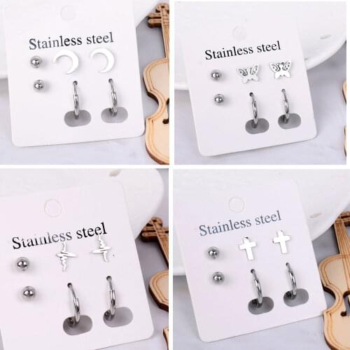 Silver Color Stainless Steel Stud Earrings Set Lightnin Star Butterfly Cross Circle Earring Women Piercing wholesale Jewelry