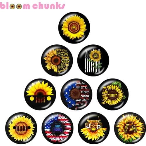 Sunflower car 12mm/18mm glass snap button jewelry Round photo glass cabochon demo flat back Making findings C1363