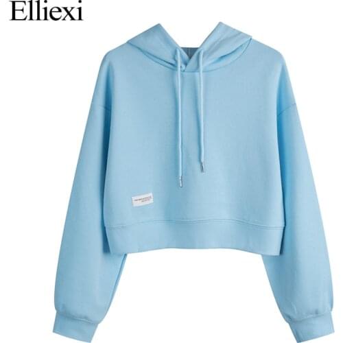 Elliexi Spring Autumn Women Hoodies Solid Thin Cotton Hooded Pullovers Blue Loose Harajuku Sweatshirts Streetwear Casual Hoodies