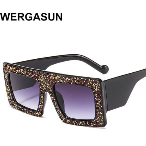 WERGASUN Diamond Square Sunglasses Women Rhinestone Retro Gradient Sun Glasses Vintage Oversized Feminino Eyeglasses UV400